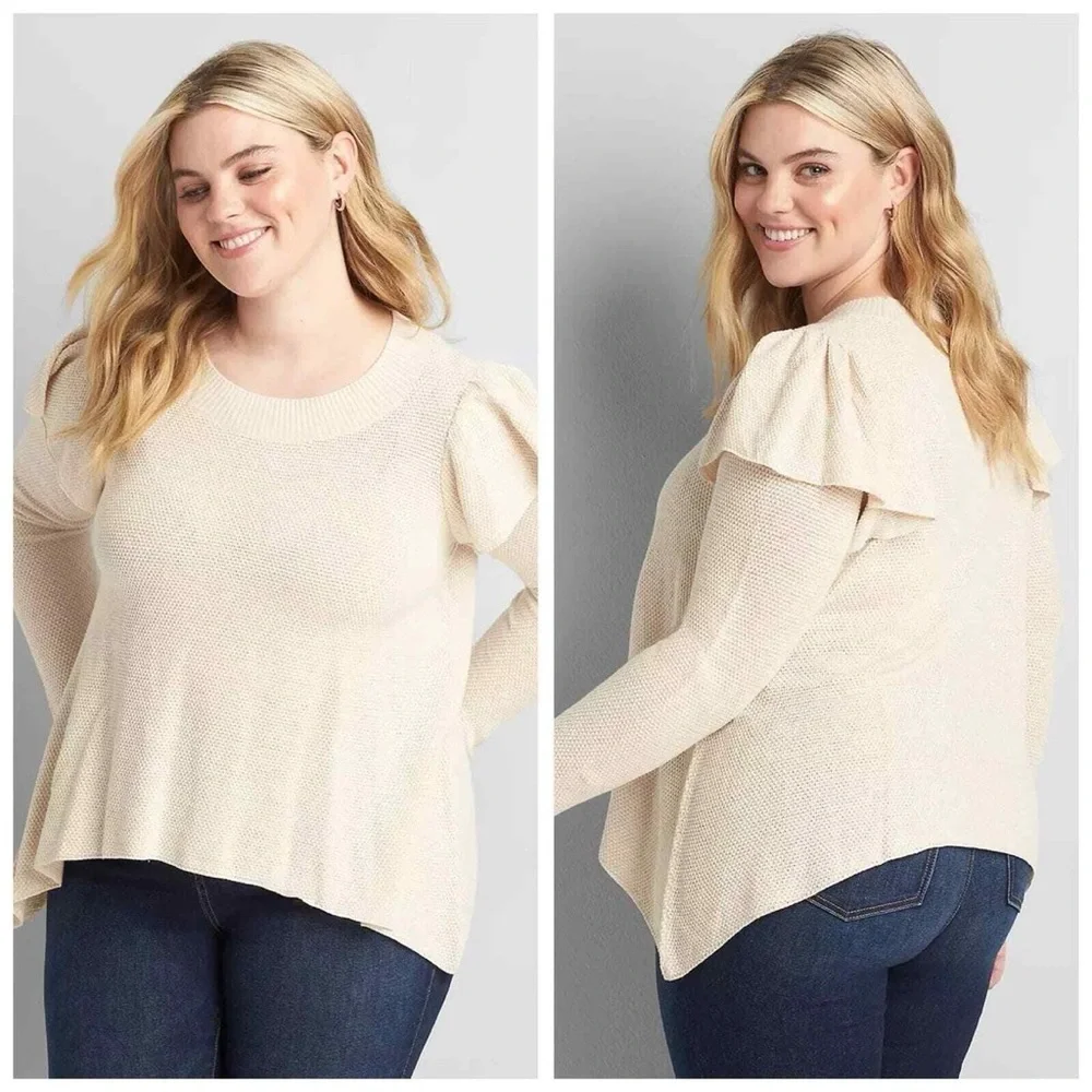 Lane Bryant Long Ruffle-Sleeve Sweater in Oatmeal Sz 18/20